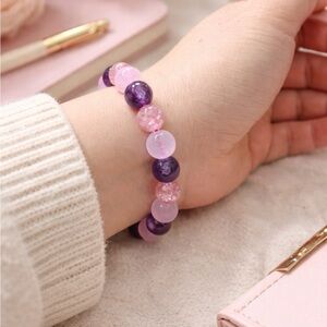 Triple Pink Protection Crystal Bracelet Healing Amethyst Pink Rose Quartz Gift